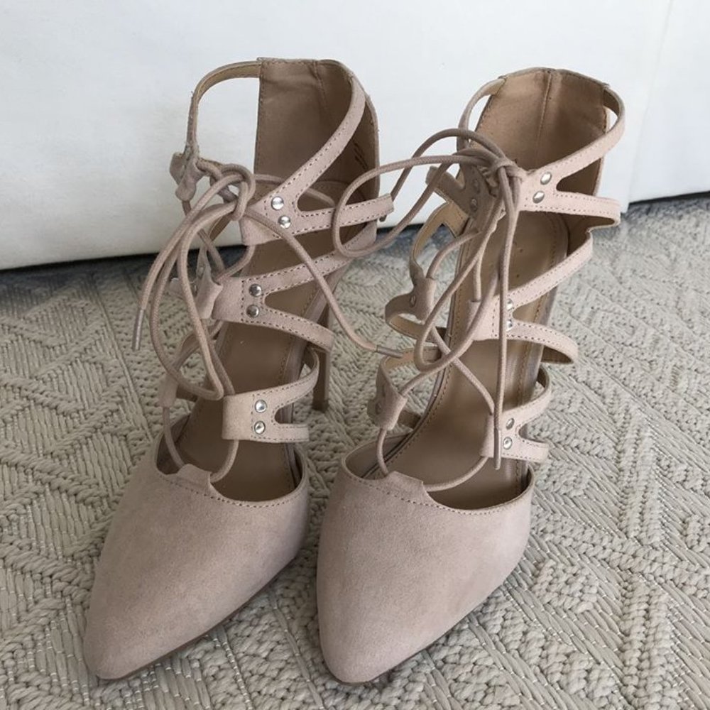Blush lace-up heels